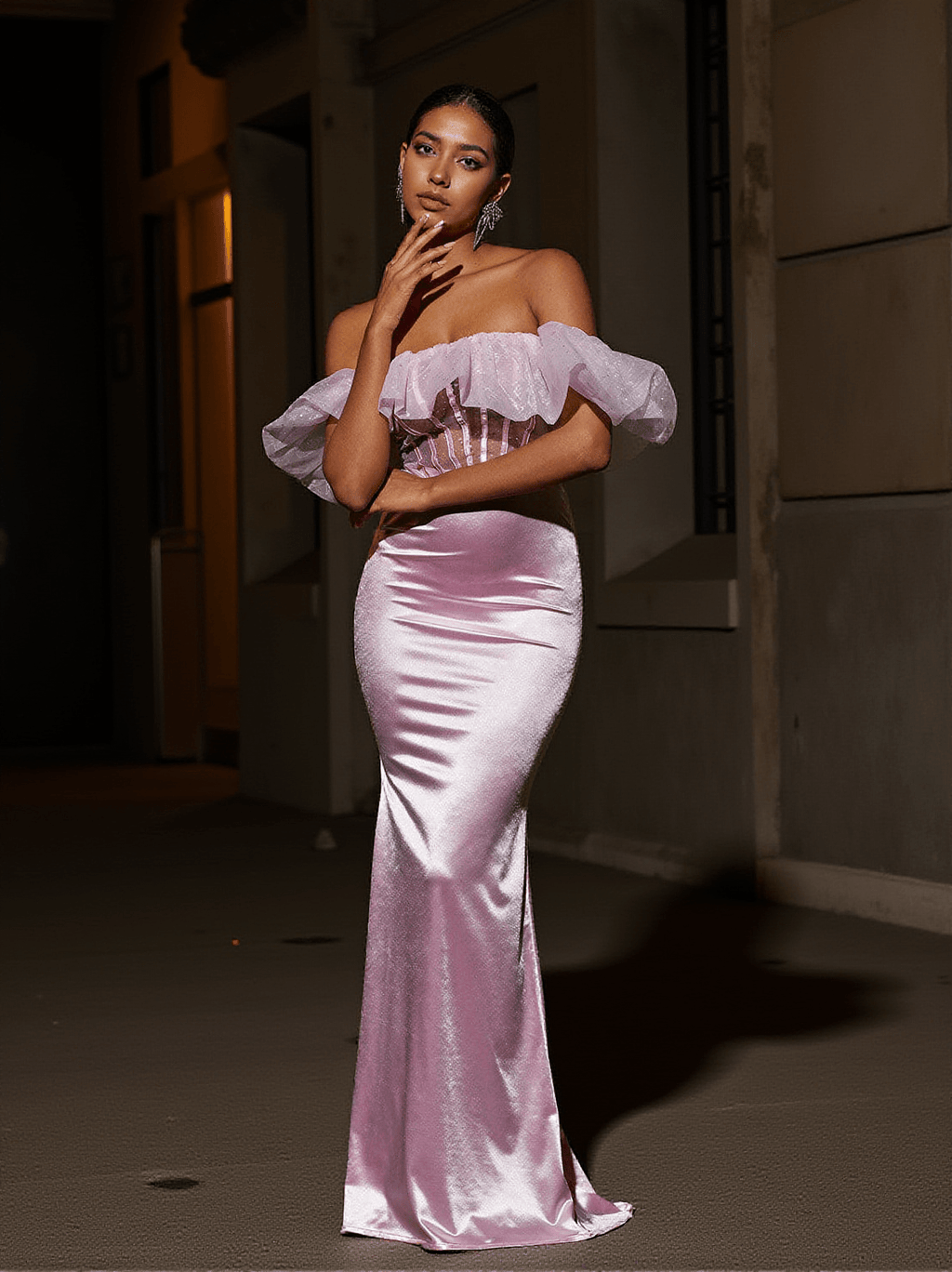 Garnet Off Shoulder Corset Satin Skirt Set
