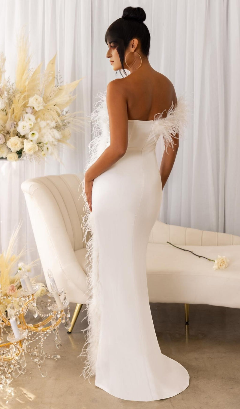 FEATHER STRAPLESS MAXI DRESS IN WHITE