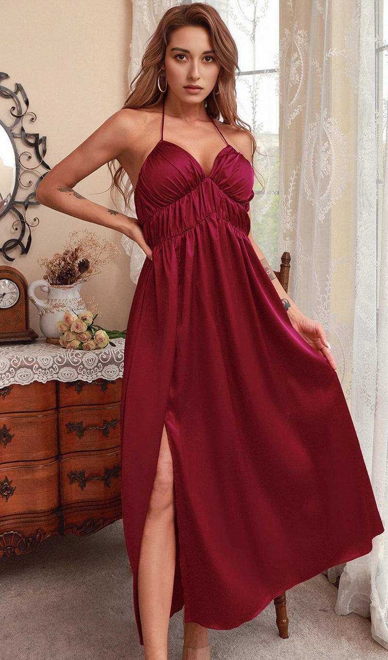 BANDAGE RUCHED MAXI DRESS IN RED