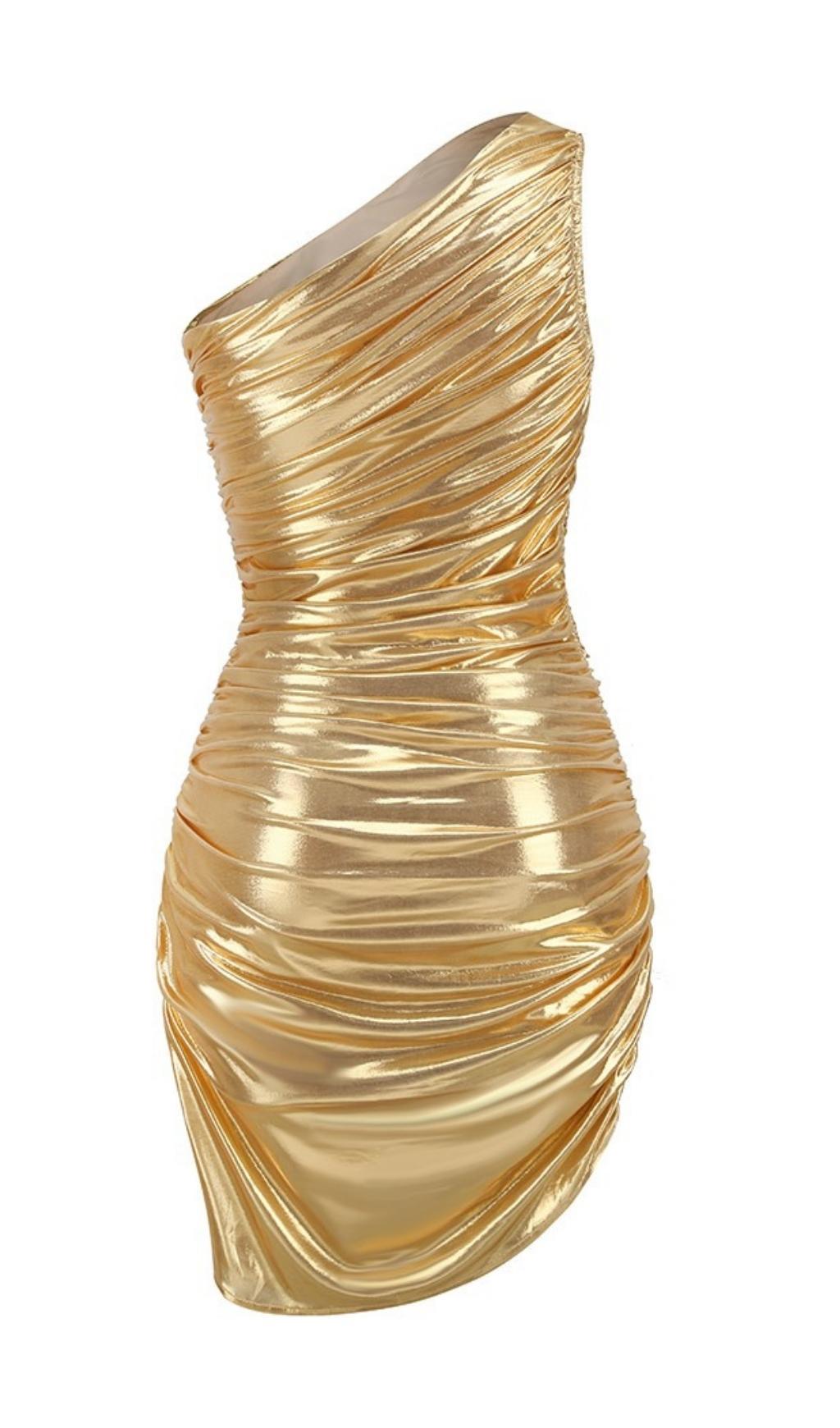 ONE SHOULDER RUCHED MINI DRESS IN GOLD