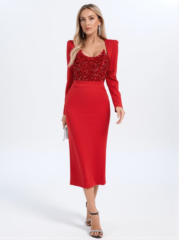 Sweetie Long Sleeve Patchwork Sequin Midi Dress In Red