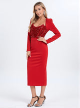 Sweetie Long Sleeve Patchwork Sequin Midi Dress In Red