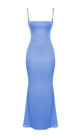 SATIN FISHBONE MAXI DRESS IN BLUE