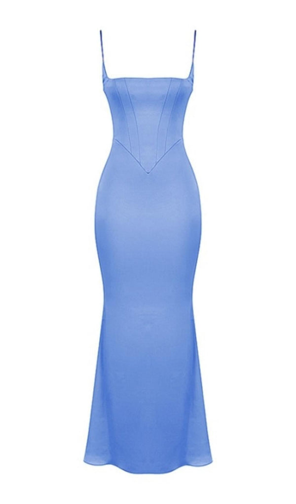 SATIN FISHBONE MAXI DRESS IN BLUE