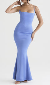 SATIN FISHBONE MAXI DRESS IN BLUE