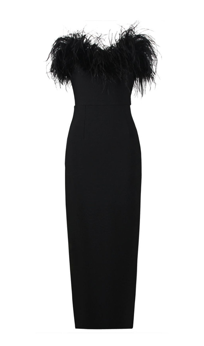 FEATHER BODYCON MAXI DRESS IN BLACK