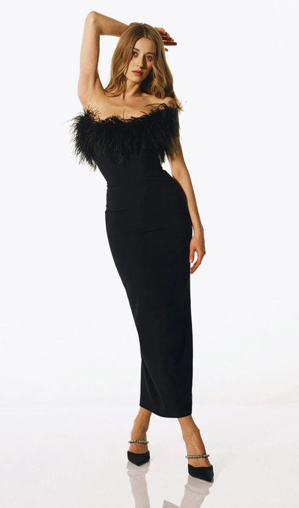 FEATHER BODYCON MAXI DRESS IN BLACK