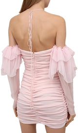 FRILL BARDOT MINI DRESS IN BABY PINK