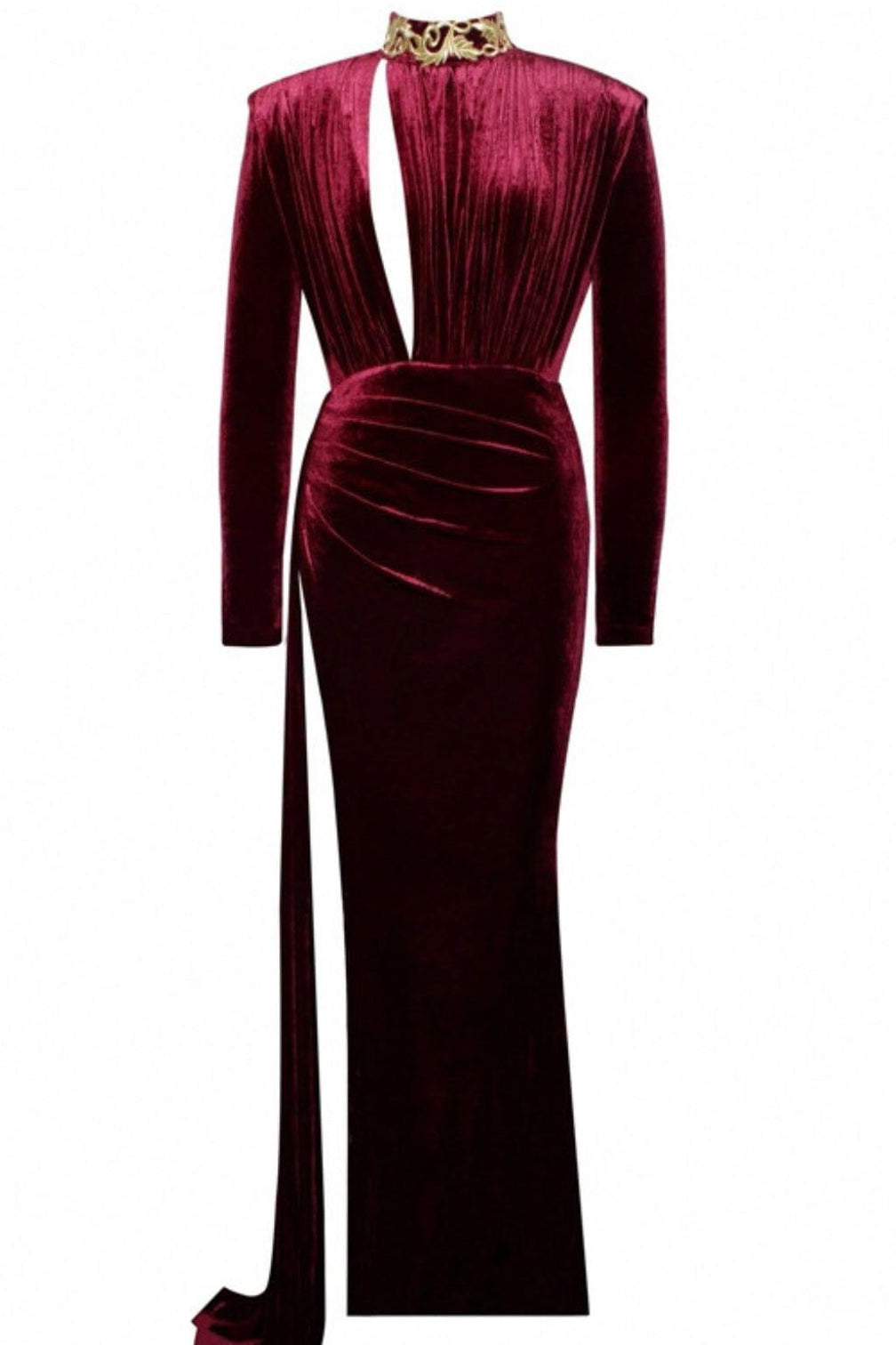 ZENAIDA BURGUNDY CUTOUT HIGH SLIT VELVET GOWN
