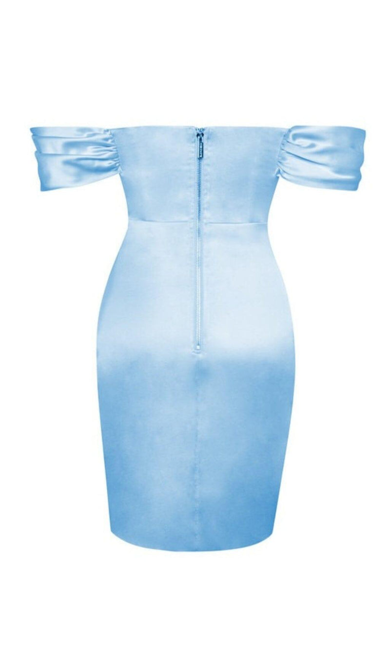 BABY BLUE OFF SHOULDER SATIN CORSET DRESS