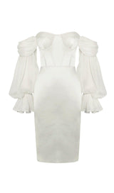 LYDIA PEARL WHITE SATIN OFF SHOULDER PUFF SLEEVE DRESS