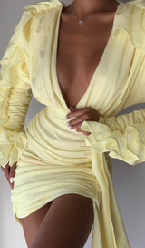 SAMARA YELLOW DRAPING RUFFLE SLEEVE DRESS