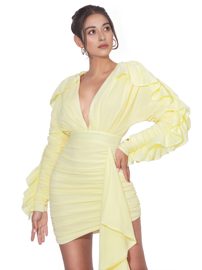 SAMARA YELLOW DRAPING RUFFLE SLEEVE DRESS