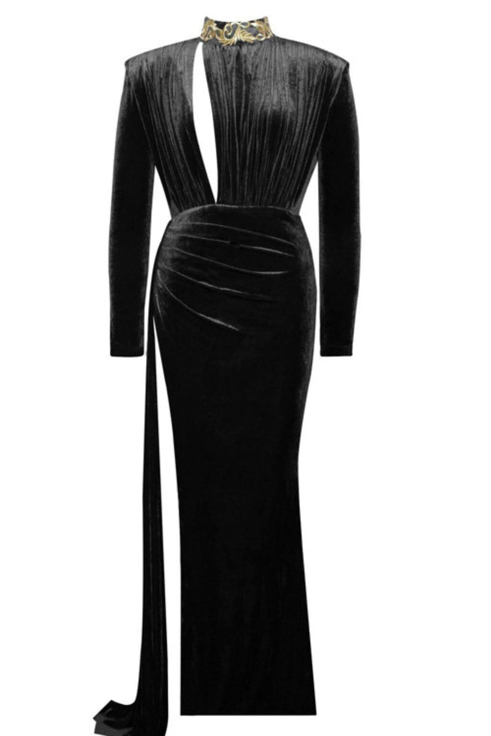 ZENAIDA BLACK CUTOUT HIGH SLIT VELVET GOWN