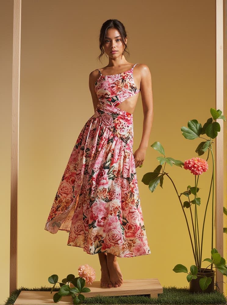 Acie Spaghetti Floral Print Midi Dress