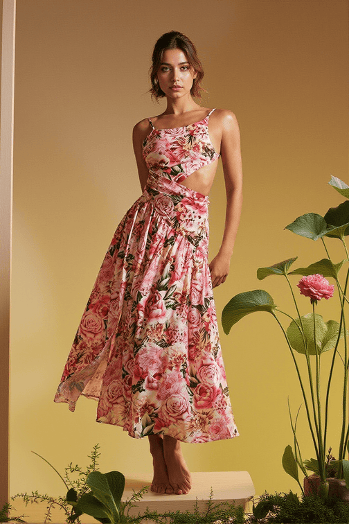 Acie Spaghetti Floral Print Midi Dress