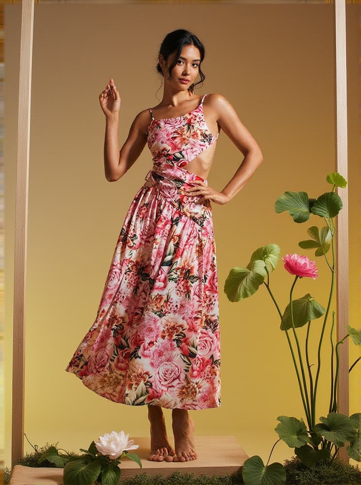 Acie Spaghetti Floral Print Midi Dress