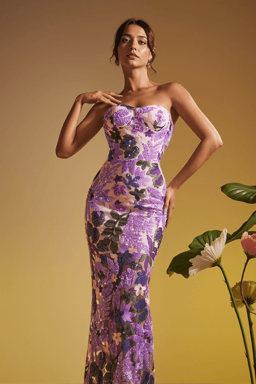 Nakoa Strapless Sequin Embroidered Maxi Dress