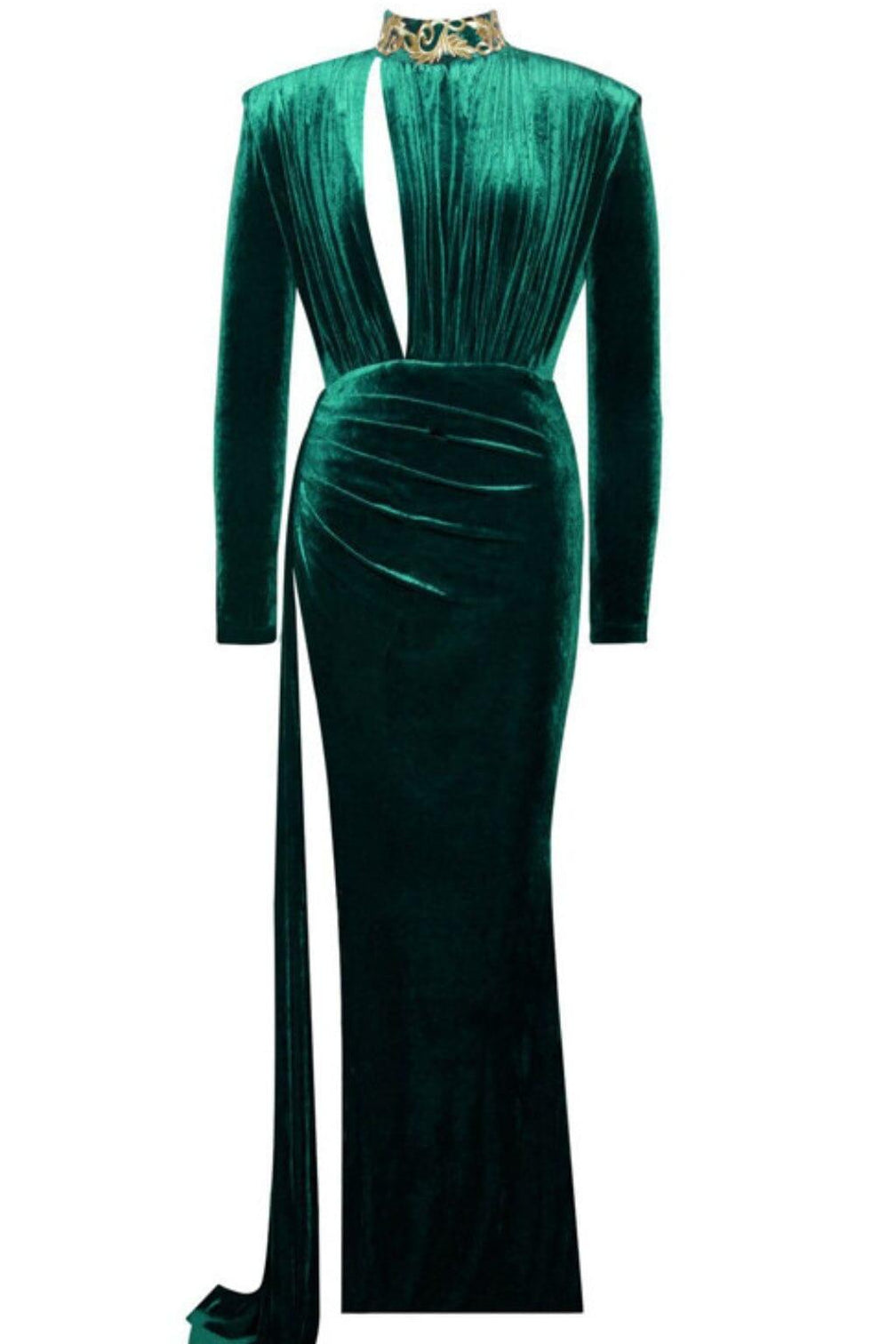 ZENAIDA EMERALD GREEN CUTOUT HIGH SLIT VELVET GOWN