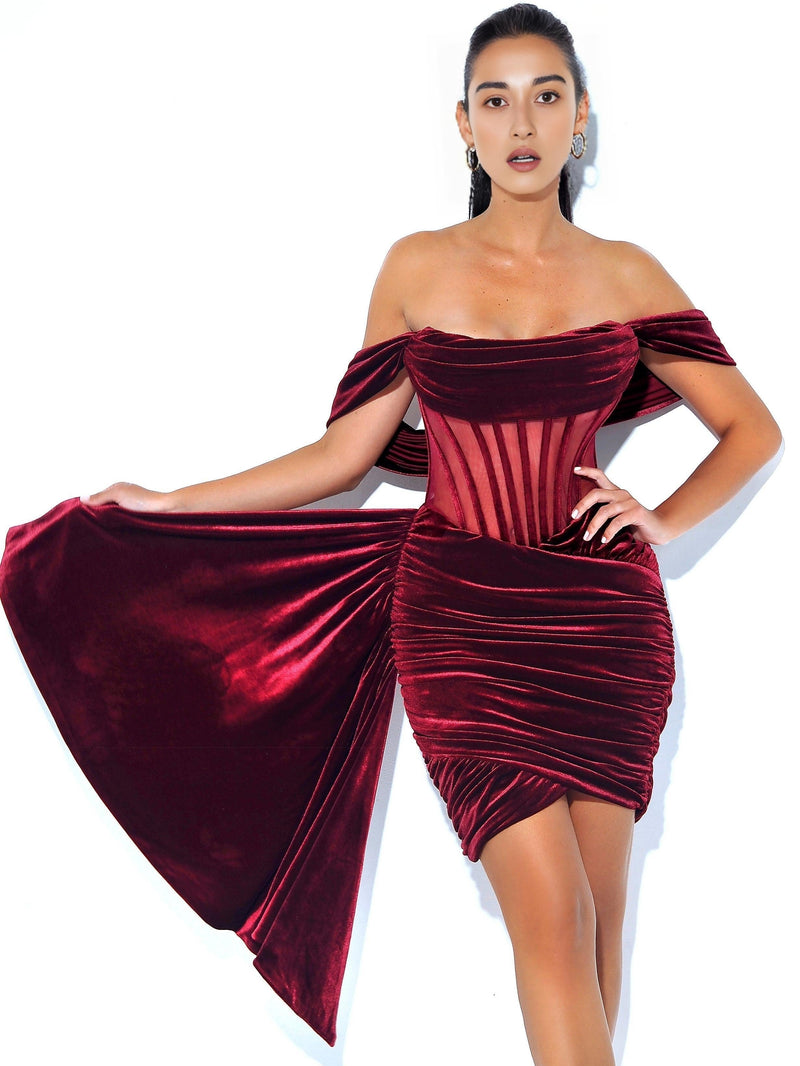 IRISA BURGUNDY DRAPING OFF SHOULDER CORSET DRESS