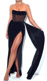 PRIYA BLACK DRAPING CORSET HIGH SLIT VELVET GOWN