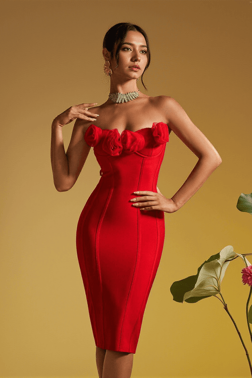 Adlai Strapless Flower Bandage Midi Dress