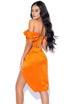 WILEY ORANGE SATIN OFF SHOULDER CORSET DRESS