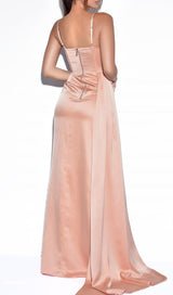 ELAYNA BLUSH STRAPPY SATIN CORSET HIGH SLIT GOWN