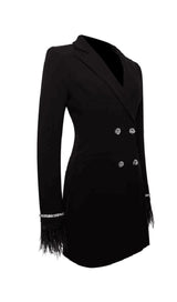 QUILLA BLACK FEATHER CRYSTAL SLEEVE BACKLESS BLAZER DRESS