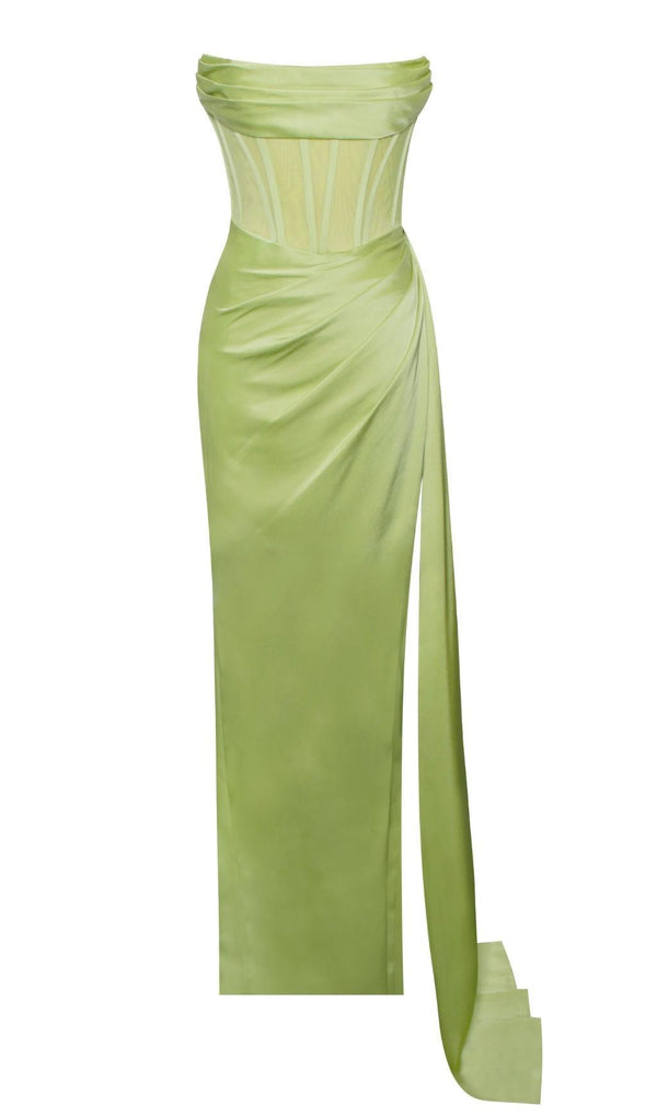 PRISA LIME HIGH SLIT SATIN CORSET GOWN