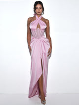 NOEMIE PINK CRYSTAL CORSET SATIN GOWN