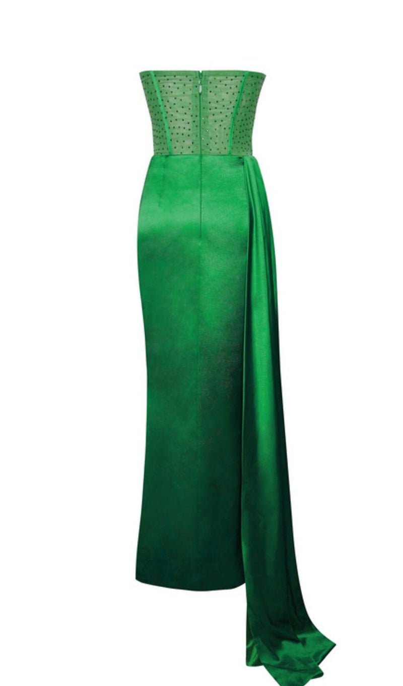 HOLLY GREEN CRYSTALLIZED CORSET HIGH SLIT SATIN GOWN