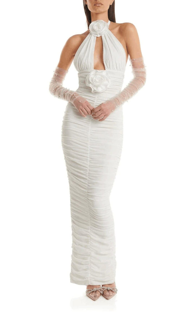 WHITE 3D FLORAL CIRCLE NECK BANDAGE MAXI DRESS