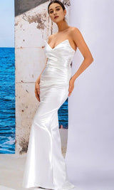 WHITE SATIN STRAPLESS DRAPED SLIM MAXI DRESS