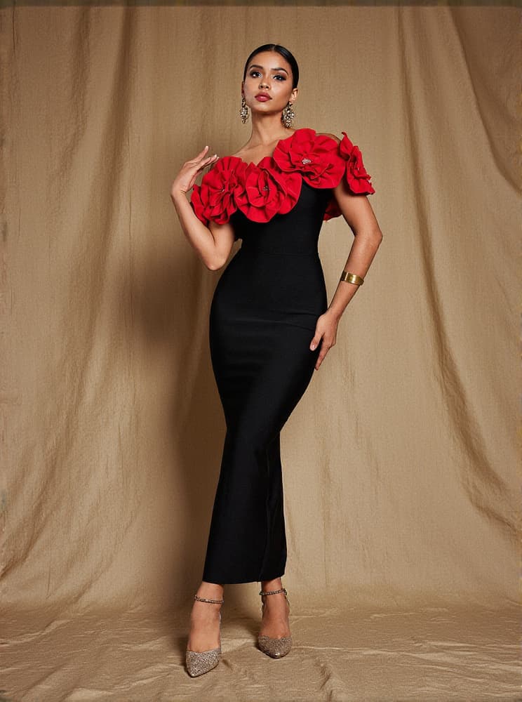 Creed Off Shoulder Flower Bandage Dress In Red