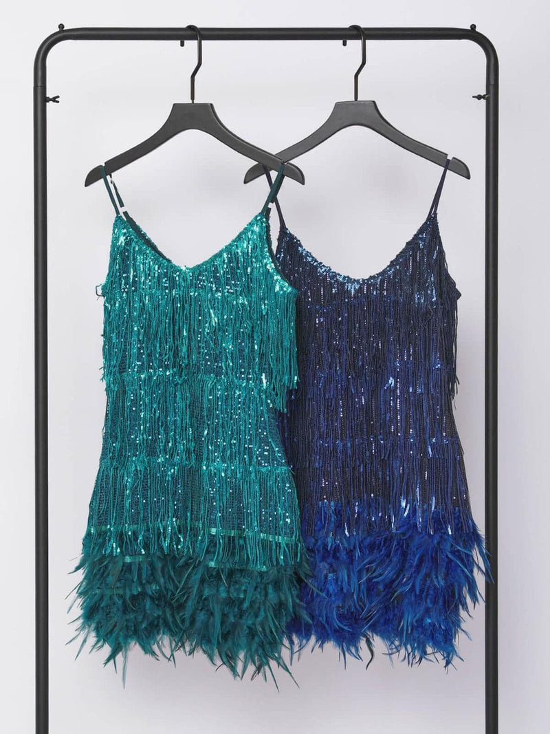 Austyn Tassel Feather Mini Dress In Royal Blue