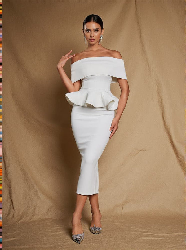 Augustus Off Shoulder Flounce Midi Dress In White