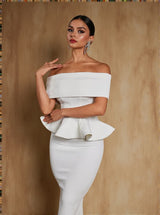 Augustus Off Shoulder Flounce Midi Dress In White