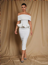 Augustus Off Shoulder Flounce Midi Dress In White