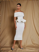 Augustus Off Shoulder Flounce Midi Dress In White