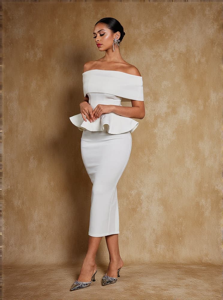 Augustus Off Shoulder Flounce Midi Dress In White