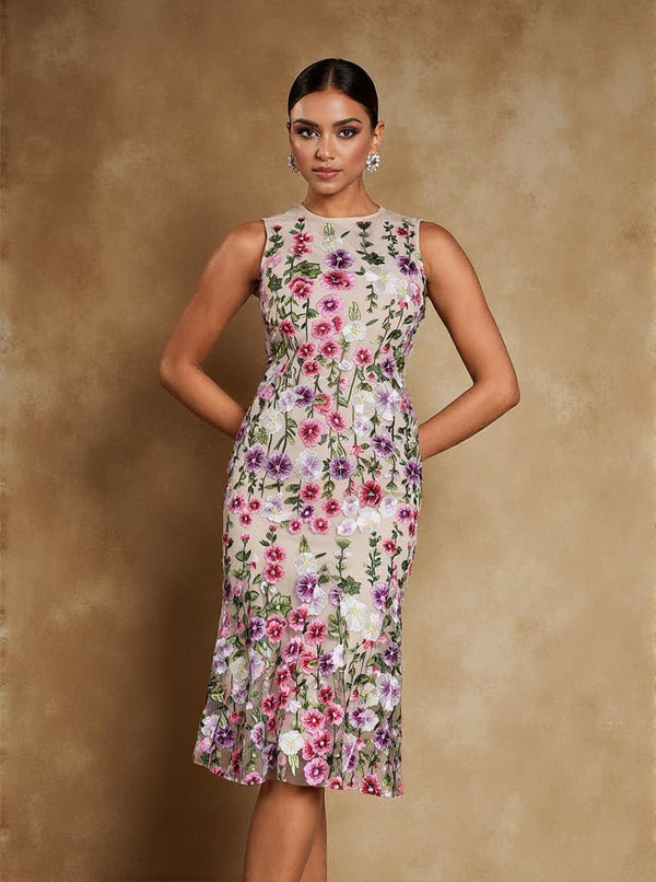 Nael Sleeveless Flower Embroidered Midi Dress