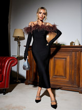 Blanche Off Shoulder Feather Trimmed Midi Dress In Black