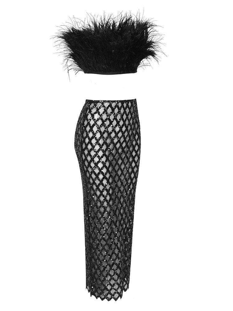 Ansley Strapless Feather Mesh Skirt Set In Black