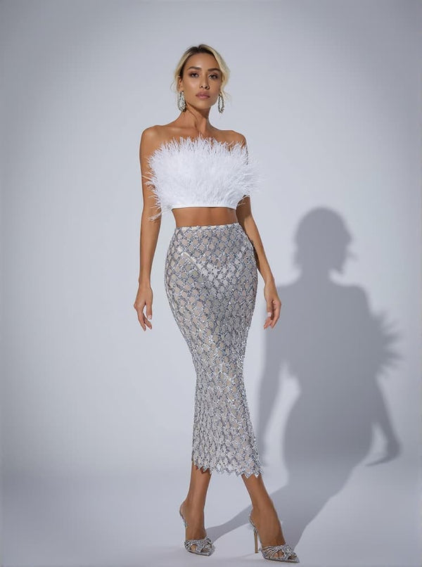 Ansley Strapless Feather Mesh Skirt Set In White