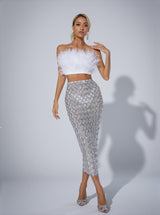 Ansley Strapless Feather Mesh Skirt Set In White