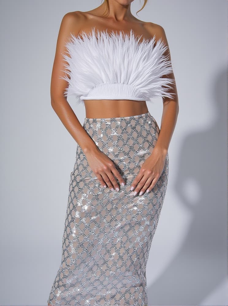 Ansley Strapless Feather Mesh Skirt Set In White