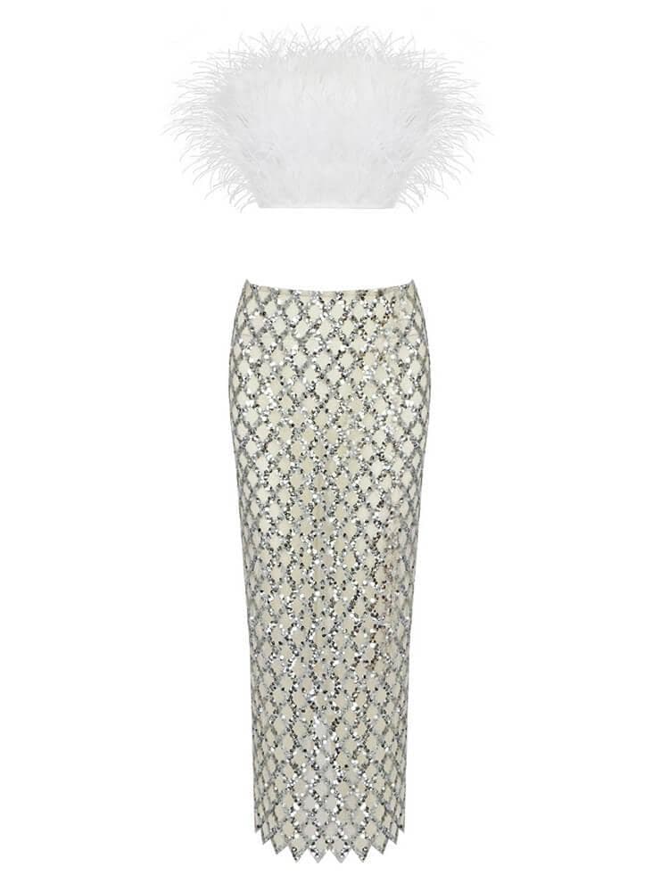 Ansley Strapless Feather Mesh Skirt Set In White