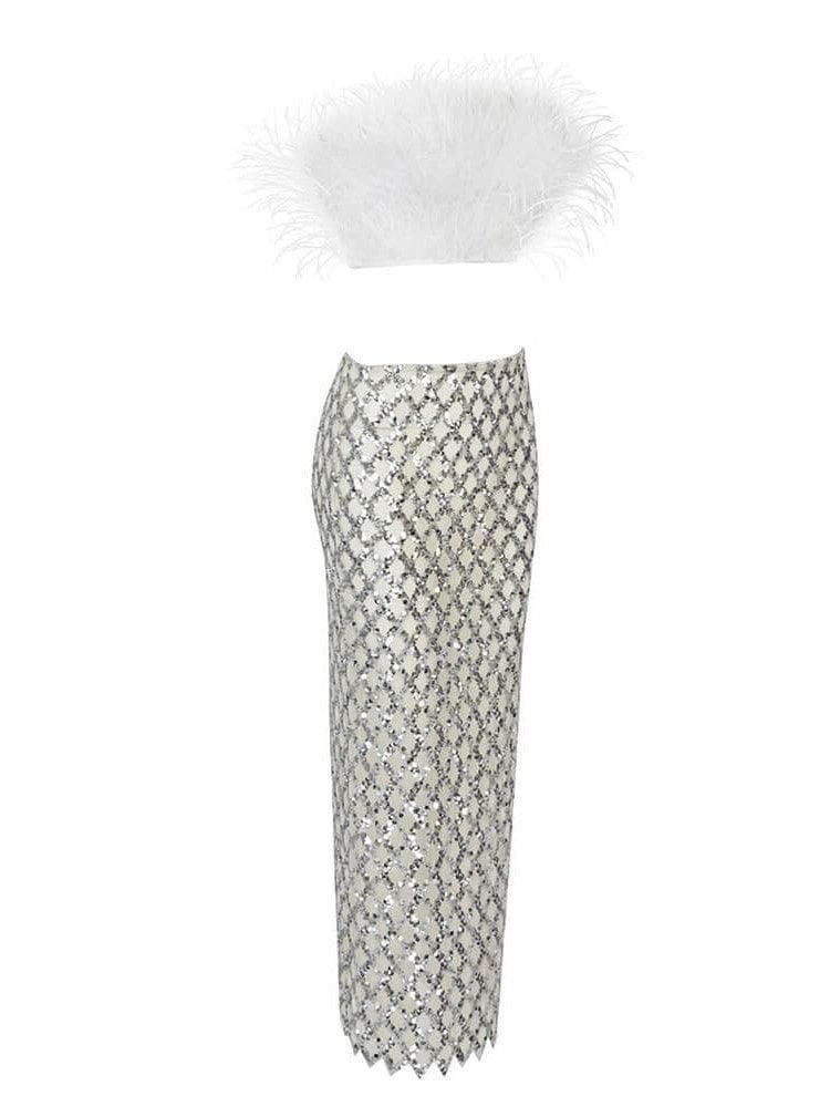 Ansley Strapless Feather Mesh Skirt Set In White