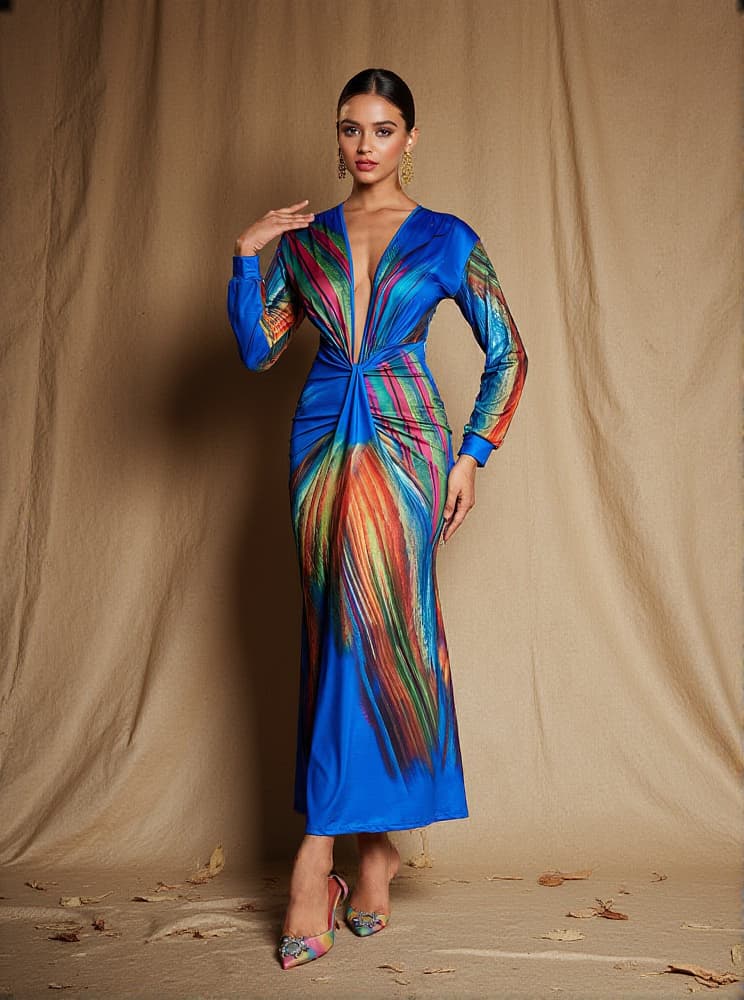 Suzanne V Neck Printed Satin Midi Dress